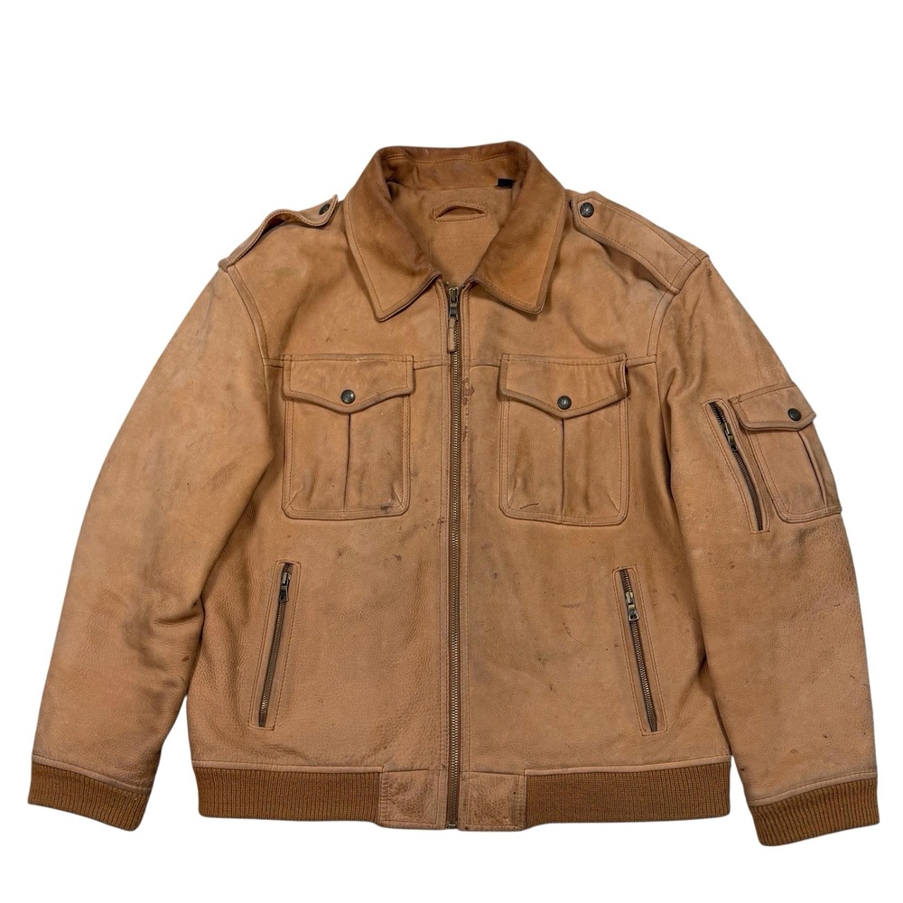 Roundtree & Yorke Mens L Genuine Leather Bomber Jacket Tan Diamond Quilted Liner